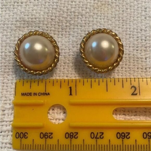 Faux Pearl Earrings with Gold Trim Pierced - Picture 3 of 3
